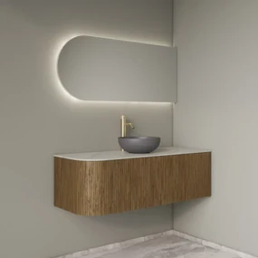 Gliss Design Alluro badmeubel ribbelfront met ronding links 120cm castle brown en wit marmer toppaneel