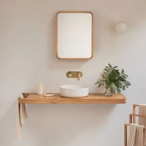 Conjunto Van Meubel 130x45 Cm Hangend In Teakhout Neill Teakhout & Rond Keramiek Wit Ø40 Cm Lenka & Geborsteld Goud Inbouw Met Aftapkraan Zonder Overl