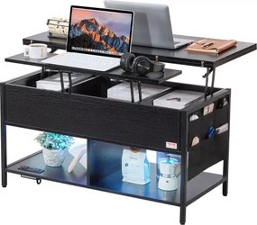 VEVOR salontafel met opklapbaar blad, rechthoekige salontafel van 99 cm met extra opbergvakken, opvouwbare salontafel met stekkerdoos, USB-aansluiting en sfeerverlichting voor de woonkamer, zwart