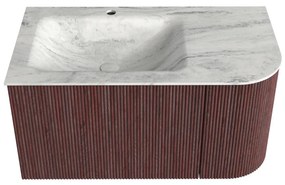 Mondiaz Kurve-dlux 85cm badmeubel ronding rechts ruby met 1 lade en deur en wastafel cloud kraangat links opalo