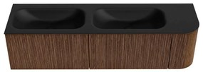 Mondiaz Kurve 165cm badmeubel ronding rechts walnut met 2 lades en 1 deur en wastafel big small dubbel/links 2 kraangaten urban