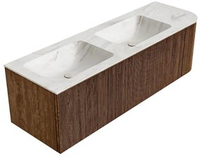 Mondiaz Kurve-dlux 145cm badmeubel ronding rechts walnut met 1 lade en deur en wastafel leaf dubbel/links zonder kraangat ostra