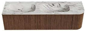 Mondiaz Kurve-dlux 165cm badmeubel ronding rechts walnut met 2 lades en 1 deur en wastafel stor small dubbel/links zonder kraangat glace