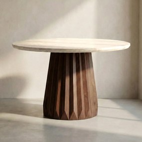 Ronde Eettafel Beige Marmer En Hout - 120 X 120cm.