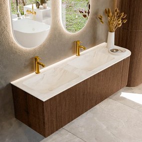 Mondiaz Kurve-dlux 145cm badmeubel ronding rechts walnut met 1 lade en deur en wastafel leaf dubbel/links 2 kraangaten ostra
