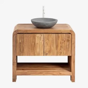 Vacry Houten Badkamermeubelset Acacia Bruin & Rond Grijs Cement Ø40 Cm Tarsis & Spiegelloze & Wit ↑30 Cm Met Aftapkraan Zonder Overloop Orveta & ! -