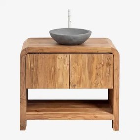 Vacry Houten Badkamermeubelset Acacia Bruin & Rond Grijs Cement Ø40 Cm Tarsis & Spiegelloze & Wit ↑30 Cm Met Aftapkraan Zonder - Sklum