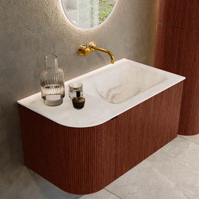 Mondiaz Kurve-dlux 85cm badmeubel ronding links ruby met 1 lade en deur en wastafel cloud rechts zonder kraangat frappe