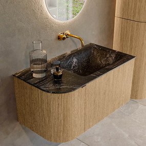 Mondiaz Kurve-dlux 85cm badmeubel ronding links oak met 1 lade en deur en wastafel cloud rechts zonder kraangat lava