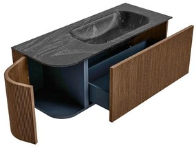 Mondiaz Kurve-dlux 115cm badmeubel ronding links walnut met 1 lade en deur en wastafel big small kraangat rechts lava