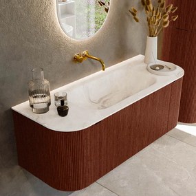 Mondiaz Kurve-dlux 120cm badmeubel ronding links/rechts ruby met 1 lade en 2 deuren en wastafel big small midden zonder kraangat frappe