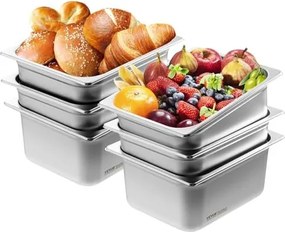VEVOR 1/2 Gastronormbak, roestvrijstalen bak, 6 stuks, 325 x 266 x 148 mm, commerciële stoompan, warmhoudbak, hotelpan, tafelpan, buffet