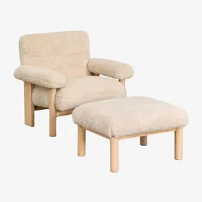 Bernia Fauteuil Met Voetensteun In Schapenvacht En Essenhout White - Sklum