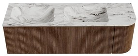 Mondiaz Kurve-dlux 145cm badmeubel ronding rechts walnut met 1 lade en deur en wastafel leaf dubbel/links zonder kraangat glace