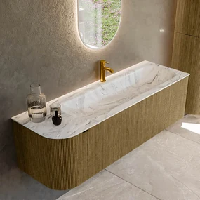 Mondiaz Kurve-dlux 145cm badmeubel ronding links dusk met 1 lade en deur en wastafel big large kraangat rechts glace