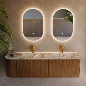 Mondiaz Kurve-dlux 155cm badmeubel ronding links dusk met 2 lades en 1 deur en wastafel leaf dubbel/rechts 2 kraangaten glace