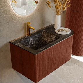 Mondiaz Kurve-dlux 85cm badmeubel ronding rechts ruby met 1 lade en deur en wastafel cloud kraangat links lava
