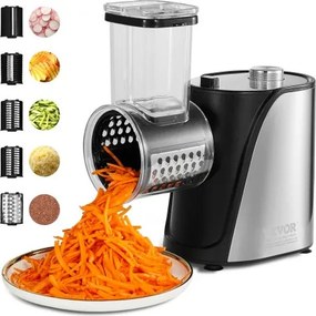 VEVOR Elektrische Kaasrasp / Salademaker, 250 W Slacentrifuge, Elektrische Groentesnijder, Groentesnijder, Fruitsnijder met 5 Hulpstukken, Voedselsnijder van Roestvrij Staal &amp; ABS