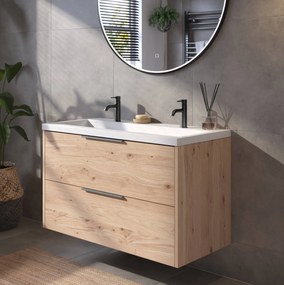 Saqu Lima badmeubel incl. glans witte wastafel met 2 kraangaten 100x52x64cm naturel eiken – geborsteld zwarte greep
