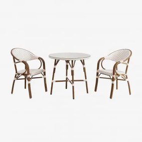 Set Ronde Tafel Ø80 Cm En 2 Stapelbare Tuinstoelen Met Aluminium Armleuningen Brielle Bistro Naakt Beige - Gardenia Wit - Sklum