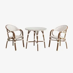 Set Ronde Tafel Ø80 Cm En 2 Stapelbare Tuinstoelen Met Aluminium Armleuningen Brielle Bistro Naakt Beige - Gardenia Wit - Sklum