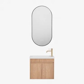 Narek Zwevend Houten Badkamermeubelset Met Geïntegreerde Wastafel Ash Brown & Geborsteld Goud ↑20 Cm Met Aftapkraan Zonder Overloop Orveta & Ovale Led