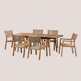 Rechthoekige Tafelset 160-210x90 Cm Uitschuifbaar En 6 Tuinstoelen Met Armleuningen In Acaciahout Tenay Bruin - Tarwe - Sklum