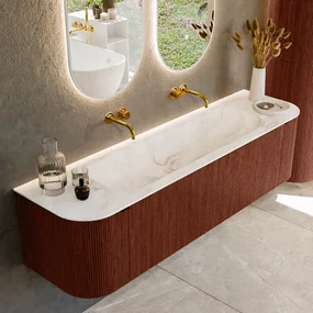 Mondiaz Kurve-dlux 170cm badmeubel ronding links/rechts ruby met 1 lade en 2 deuren en wastafel big large midden zonder kraangat frappe
