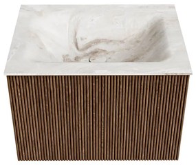 Mondiaz Kurve-dlux 60cm badmeubel walnut met 1 lade en wastafel cloud midden zonder kraangat frappe