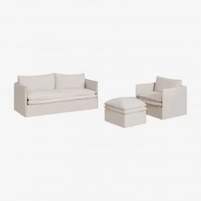 Woonkamerset Met 3-zitsbank, Fauteuil En Poef In Linnen En Katoen Grace Stof Beige - Sklum