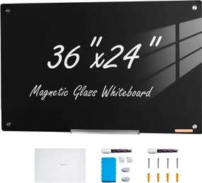 VEVOR Magnetisch glazen whiteboard, droog uitwisbaar bord 90 x 60 cm, groot wit glazen wandbord zonder frame, met pennenbakje, wisser en 2 stiften, magnetisch bord zwart