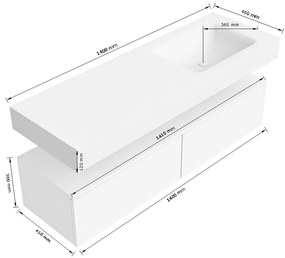 Zaro Alan badmeubel 140cm urban 2 lades met vrijhangende wastafel cloud rechts 1 kraangat talc