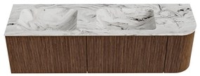 Mondiaz Kurve-dlux 155cm badmeubel ronding rechts walnut met 2 lades en 1 deur en wastafel leaf dubbel/links 2 kraangaten glace