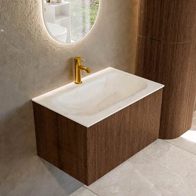 Mondiaz Kurve-dlux 70cm badmeubel walnut met 1 lade en wastafel big small midden 1 kraangat ostra