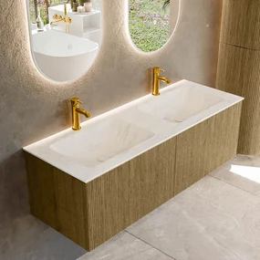 Mondiaz Kurve-dlux 130cm badmeubel dusk met 2 lades en wastafel leaf dubbel 2 kraangaten opalo