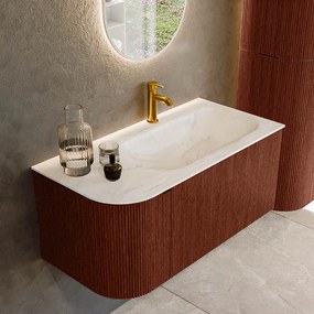 Mondiaz Kurve-dlux 95cm badmeubel ronding links ruby met 1 lade en deur en wastafel big small kraangat rechts ostra