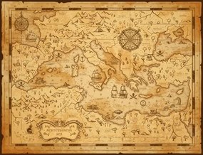 Kaart Old vintage map of Mediterranean sea, pirate sail, seamartini