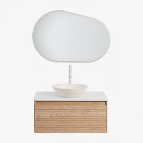 Tedrik Zwevend Badkamermeubelset Van Essenhout Ash Brown & Rond Cement Wit Ø40 Cm Zavion & Ovaal Led En Anticondens 100x80 Cm Riben & Wit - Sklum