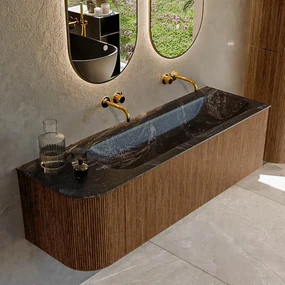 Mondiaz Kurve-dlux 145cm badmeubel ronding links walnut met 1 lade en deur en wastafel big large rechts zonder kraangat lava