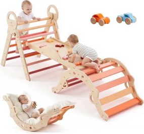 VEVOR Klimdriehoek, 9-in-1 klimspeelgoed met houten autootjes, kussen, klimdriehoek, glijbaan en klimboog, tot 68 kg, Montessori binnenspeelset voor kinderen van 1 tot 3 jaar, oranje