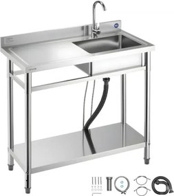 VEVOR RVS spoelbak (100 x 50 x 94 cm), enkele kom met kraan en plank, keukengootsteen voor garage, restaurant, wasruimte, buitenwasbak met werkblad (links)