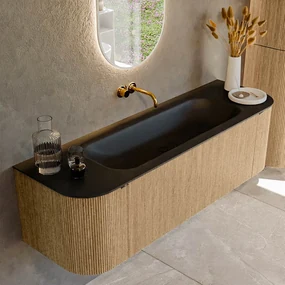 Mondiaz Kurve 150cm badmeubel ronding links/rechts oak met 1 lade en 2 deuren en wastafel big medium midden zonder kraangat urban