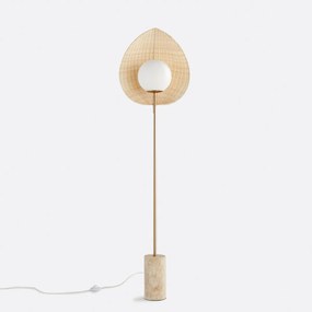 Vloerlamp van opaline, rotan en travertijn Javana