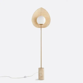 Vloerlamp van opaline, rotan en travertijn Javana