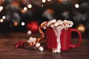 Foto wooden desk space red mug and xmas tree, Kseniya Ovchinnikova