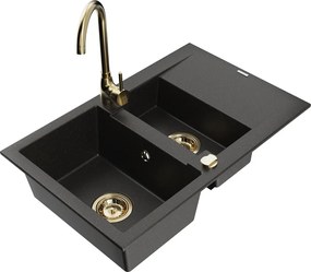 Mexen Gaspar granieten gootsteen 1,5-kamer met afdruiprek en keukenkraan Telma, zwart/goud - 6507-75-670200-50