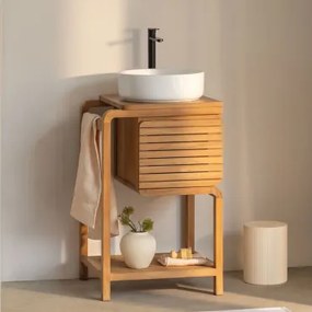 Bradley Teakhouten Badkamermeubelset Rond Keramiek Wit Ø40 Cm Lenka & Spiegelloze & Mat Zwart ↑30 Cm Met Aftapkraan Zonder Overloop Alameda & ↔ -