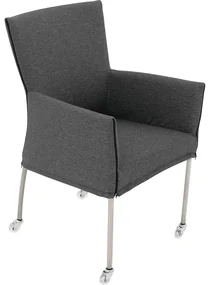 Goossens Eetkamerstoel Funk RVS Poten donkergrijs stof met armleuning en met wielenTransparant skater wiel met rvs kap, modern design