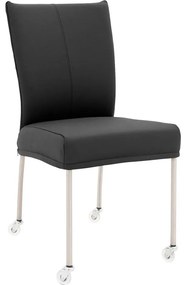 Goossens Eetkamerstoel Funk RVS Poten donkergrijs leer leuning en Transparant skater wiel met rvs kapmet wielen, modern design