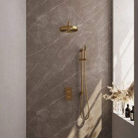Brauer Stripe inbouw regendouche met 25cm hoofddouche, met gebogen muurarm, glijstang en staafhanddouche set 20 messing geborsteld PVD